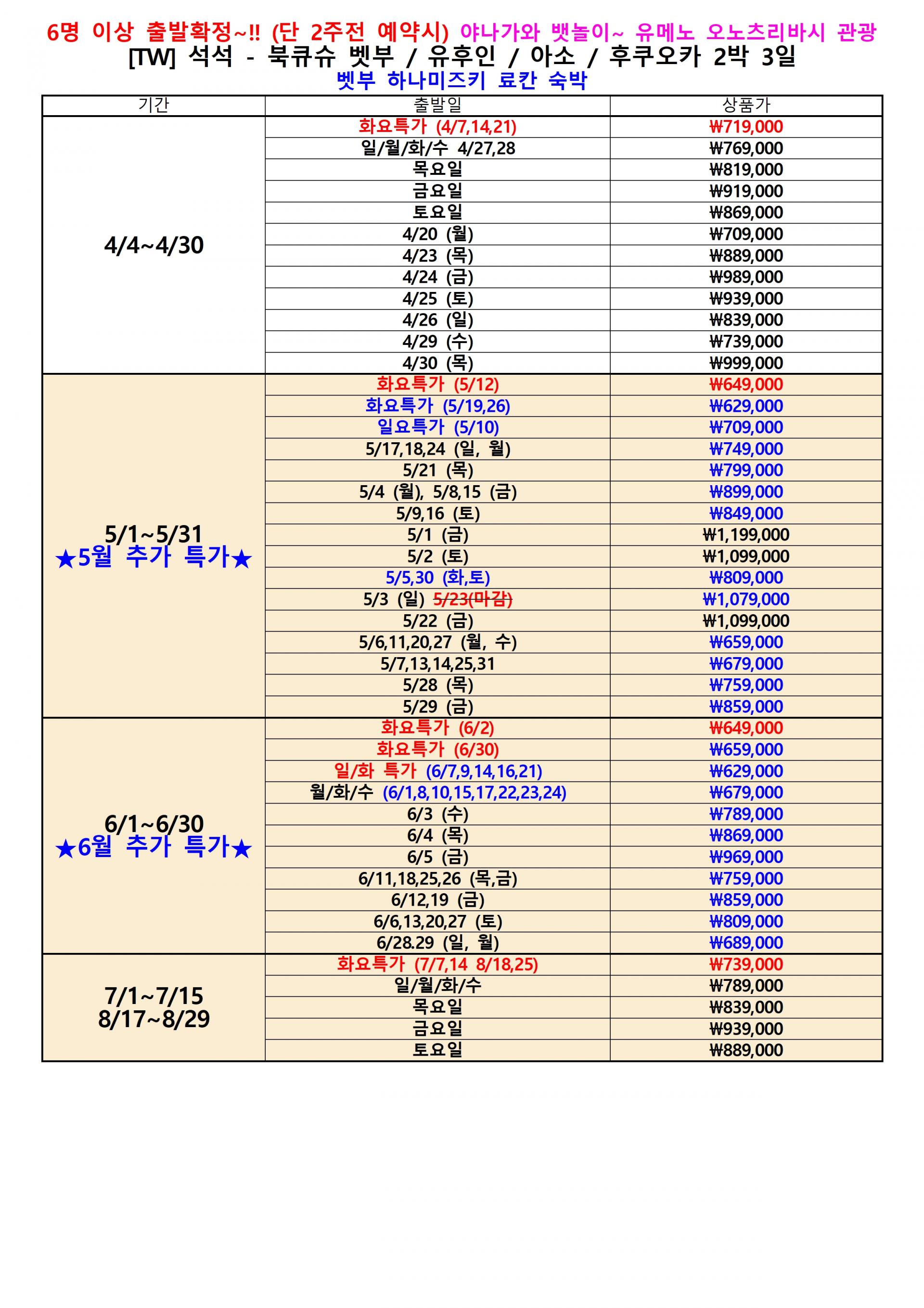 [대구출발] [TW] 석석 - 북큐슈 벳부 / 유후인 / 아소 / 후쿠오카 2박 3일 벳부 하나미즈키 료칸 숙박
