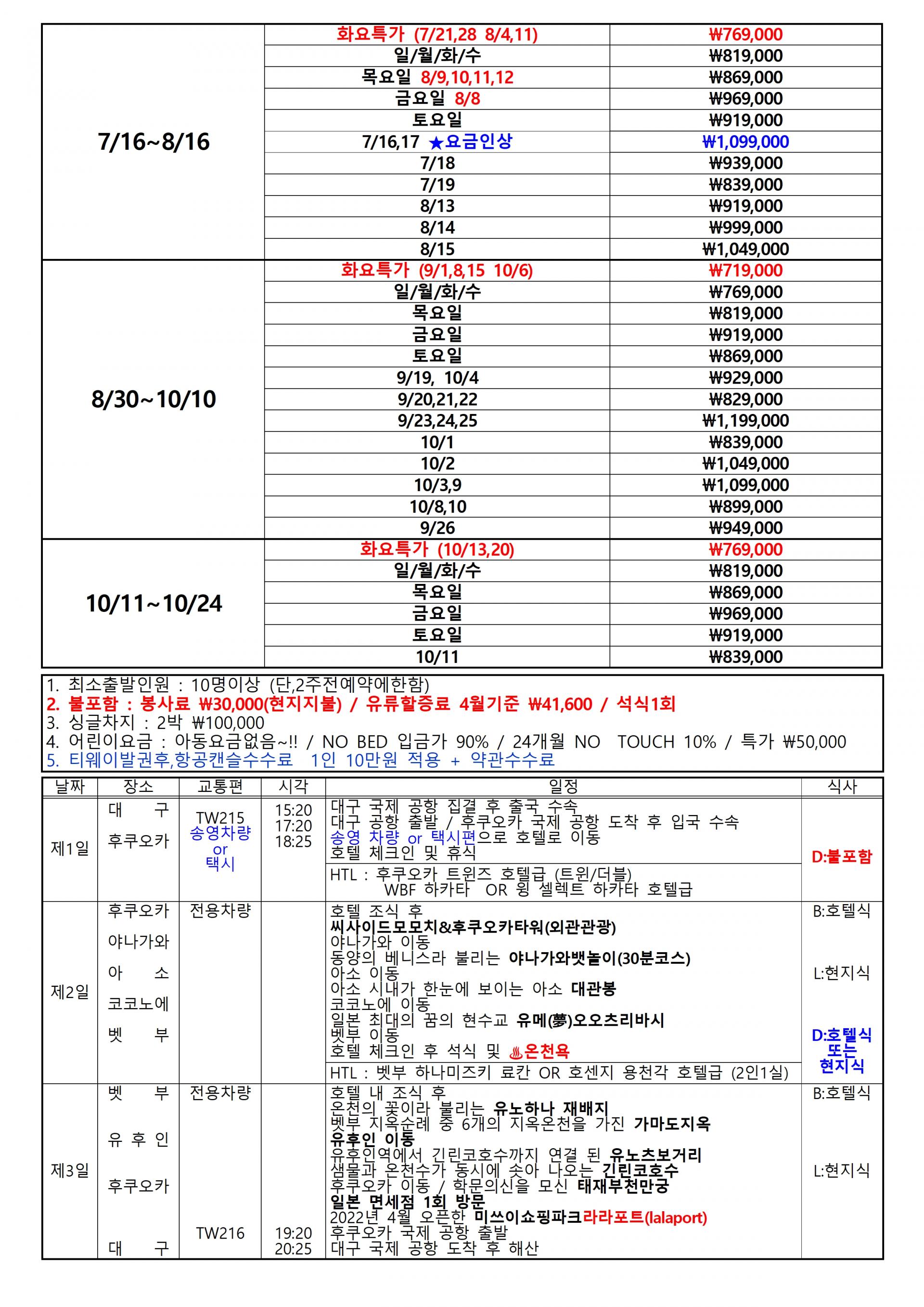 [대구출발] [TW] 석석 - 북큐슈 벳부 / 유후인 / 아소 / 후쿠오카 2박 3일 벳부 하나미즈키 료칸 숙박