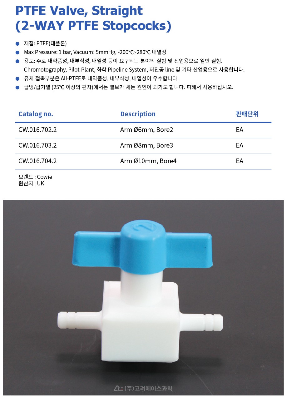2-Way Straight PTFE Stopcocks (2-Way 스탑 콕크)
