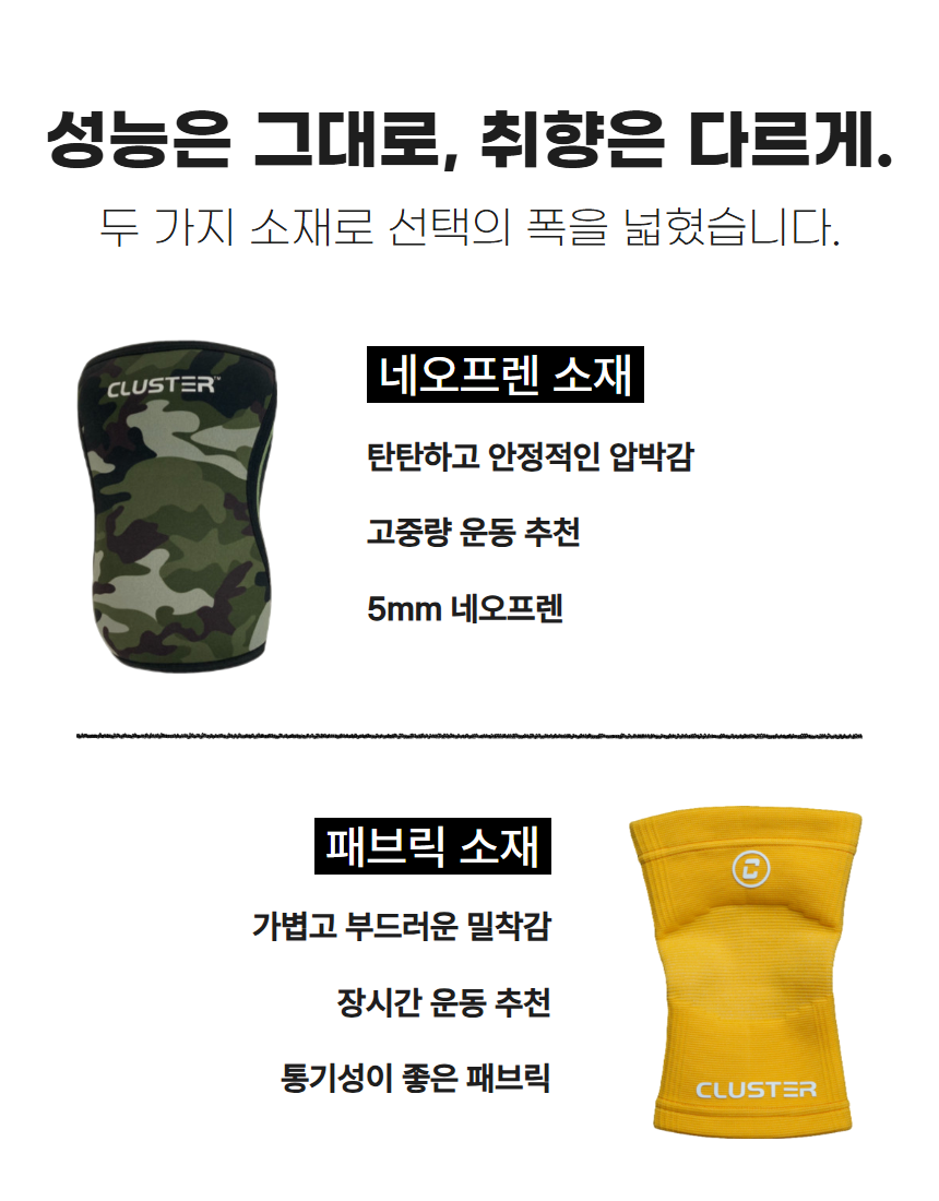 클러스터 크로스핏 헬스무릎관절보호대 네오프렌 패브릭 등산러닝축구 스포츠겸용