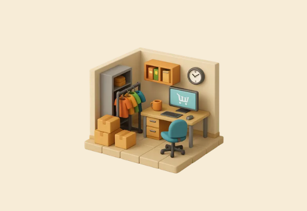 작은 공간에서 쇼핑몰 운영하는 작업실 구성 3D 이미지