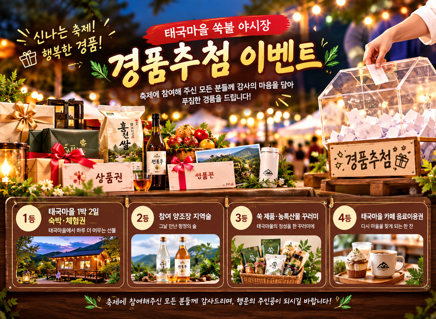 태극마을 숙박 체험권, 참여 양조장 지역술, 쑥 제품과 농특산물 꾸러미, 태극마을 카페 음료이용권 경품추첨 안내