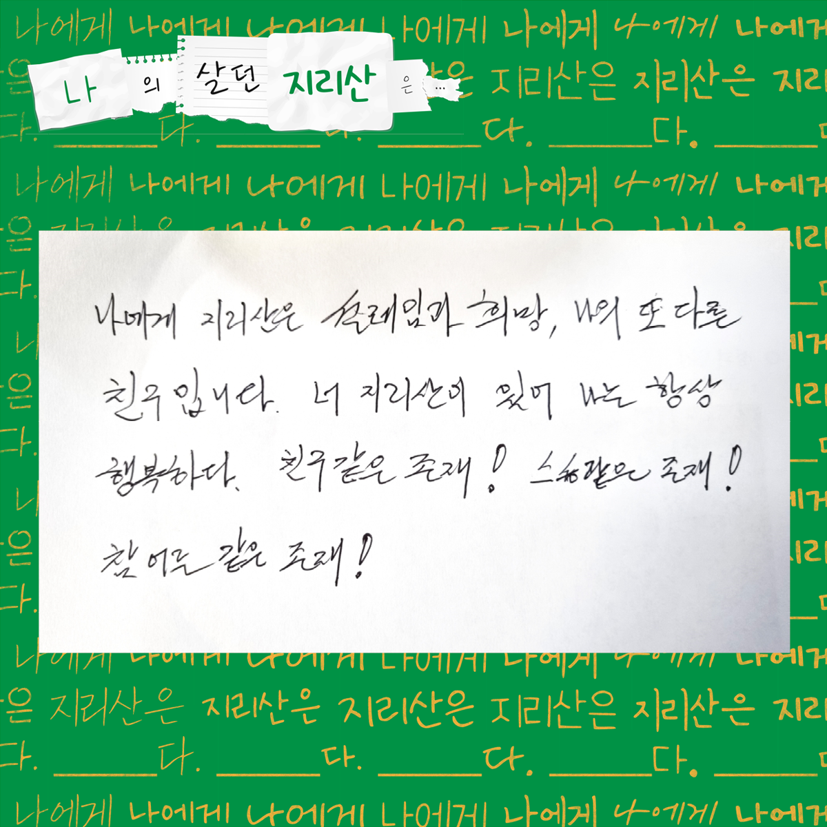 나에게 지리산은 설레임과 희망, 나의 또다른 친구입니다. 너 지리산이 있어 나는 항상 행복하다. 친구 같은 존재! 스승 같은 존재! 참어른 같은 존재!