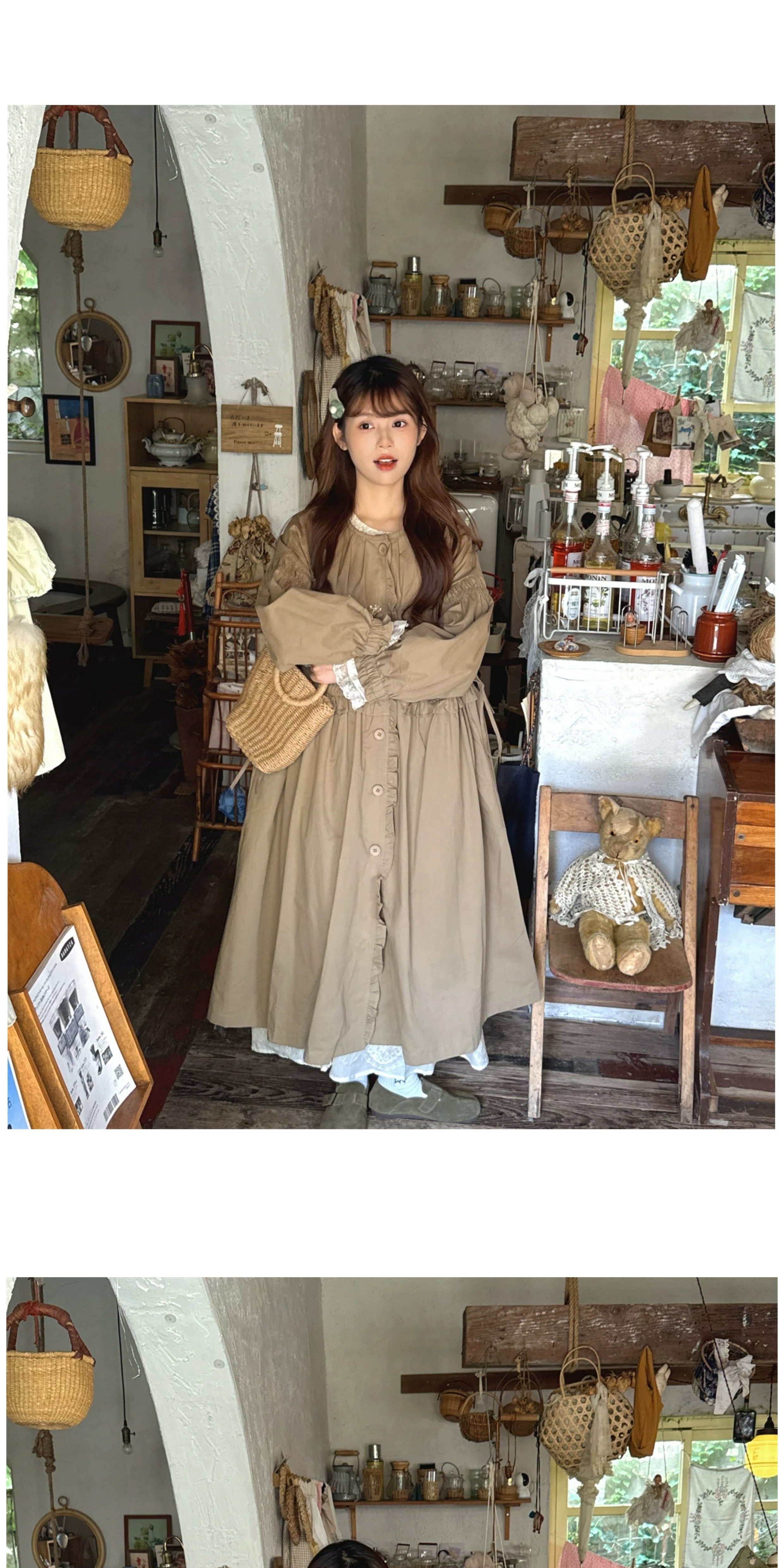 보헤미안 모리걸 곰자수 트렌치 코트 원피스 (브라운) 빅사이즈 원피스 임부목 집시 히피룩 복제