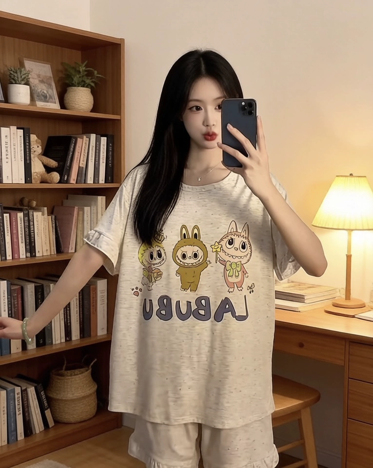 라부부 모달 브라탑 반팔 반바지 잠옷 (그레이) 캡내장 비스코스 빅사이즈 파자마
