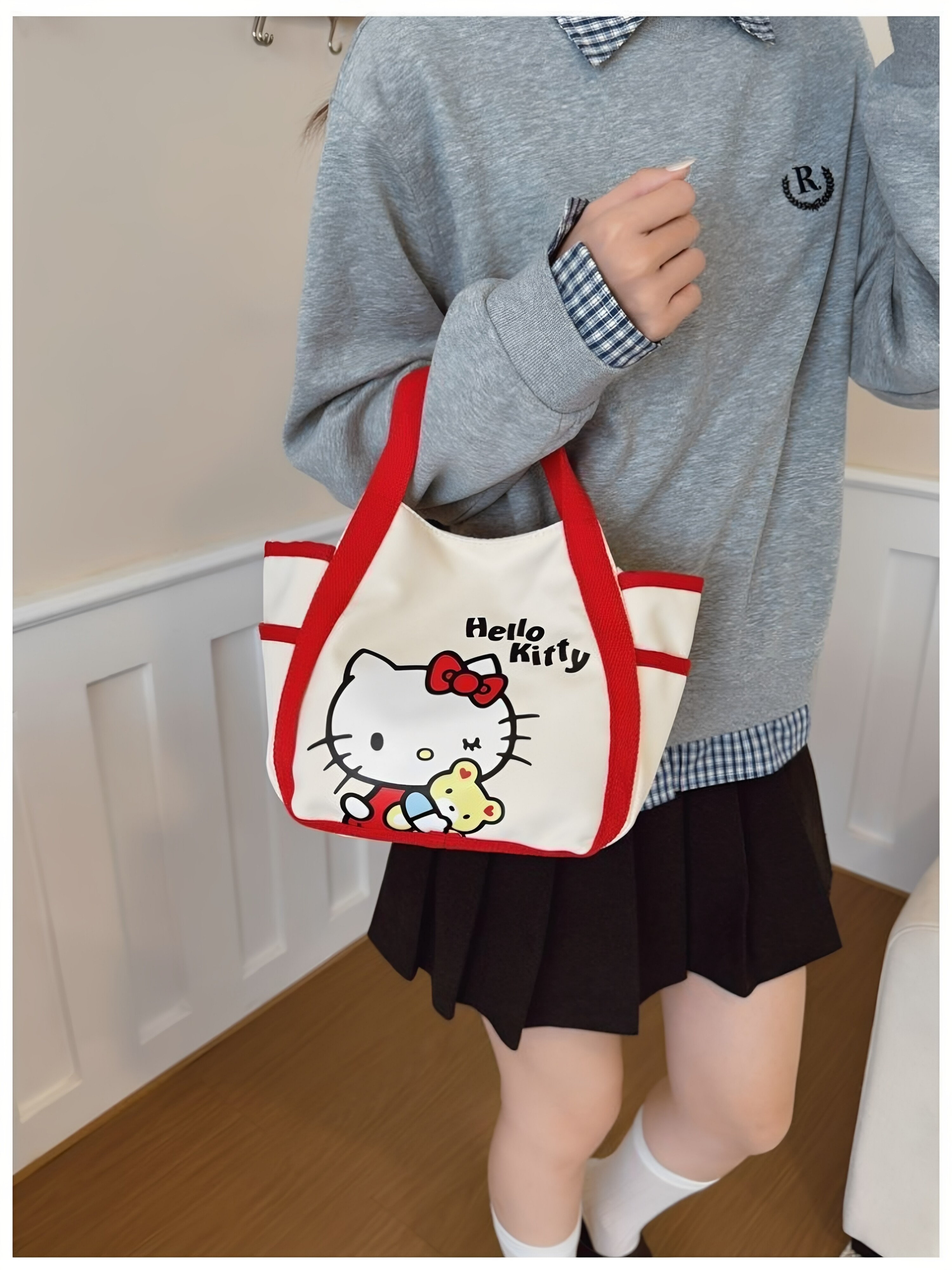 넉넉한 캔버스 키티 보조가방 (4컬러) 캐릭터 토드백 도시락 가방