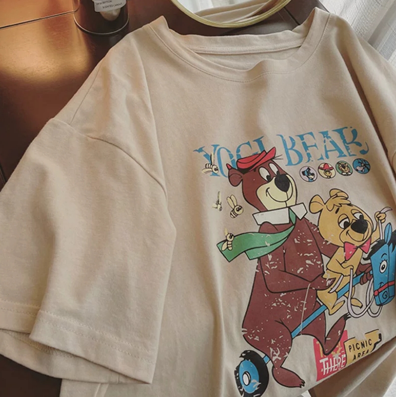 YOGI BEAR 요기 베어 곰돌이 순면 티셔츠 (네이베, 화이트) 레트로 반팔 티셔츠