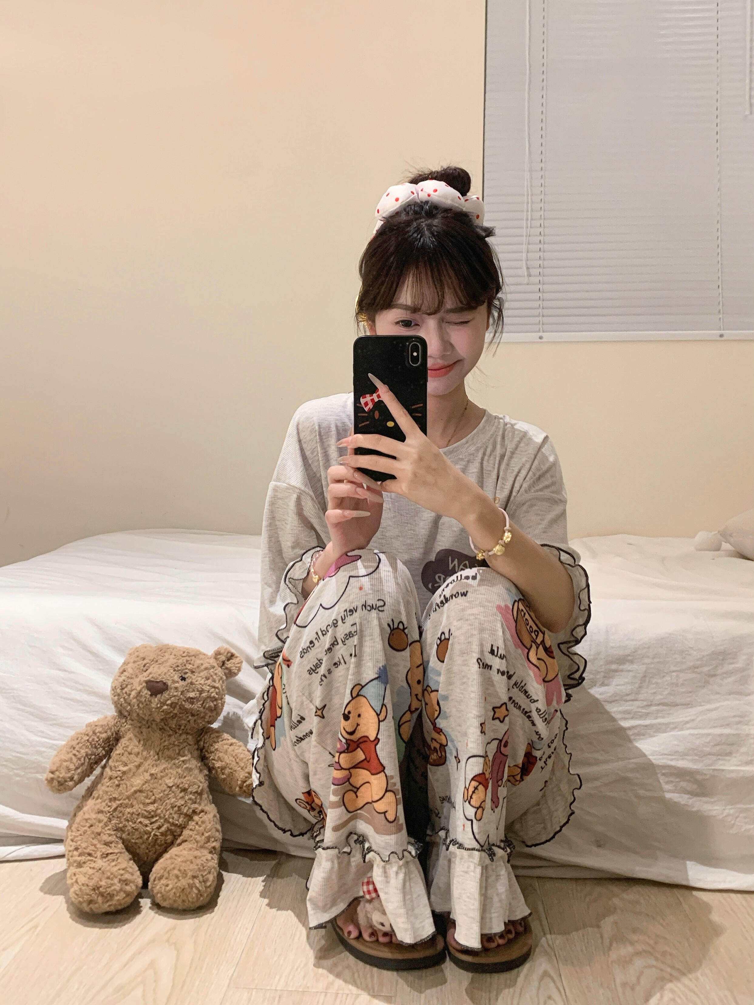곰돌이푸 아이스실크 반팔 긴바지 여름 잠옷 (그레이) 캐릭터 빅사이즈 파자마