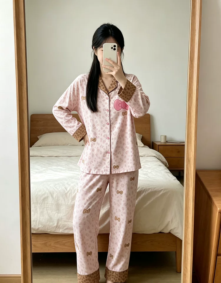 레오파트 리본 포인트 긴팔 잠옷 (핑크) 봄 가을 빅사이즈 파자마