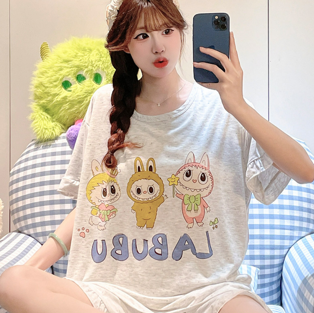라부부 모달 브라탑 반팔 반바지 잠옷 (그레이) 캡내장 비스코스 빅사이즈 파자마