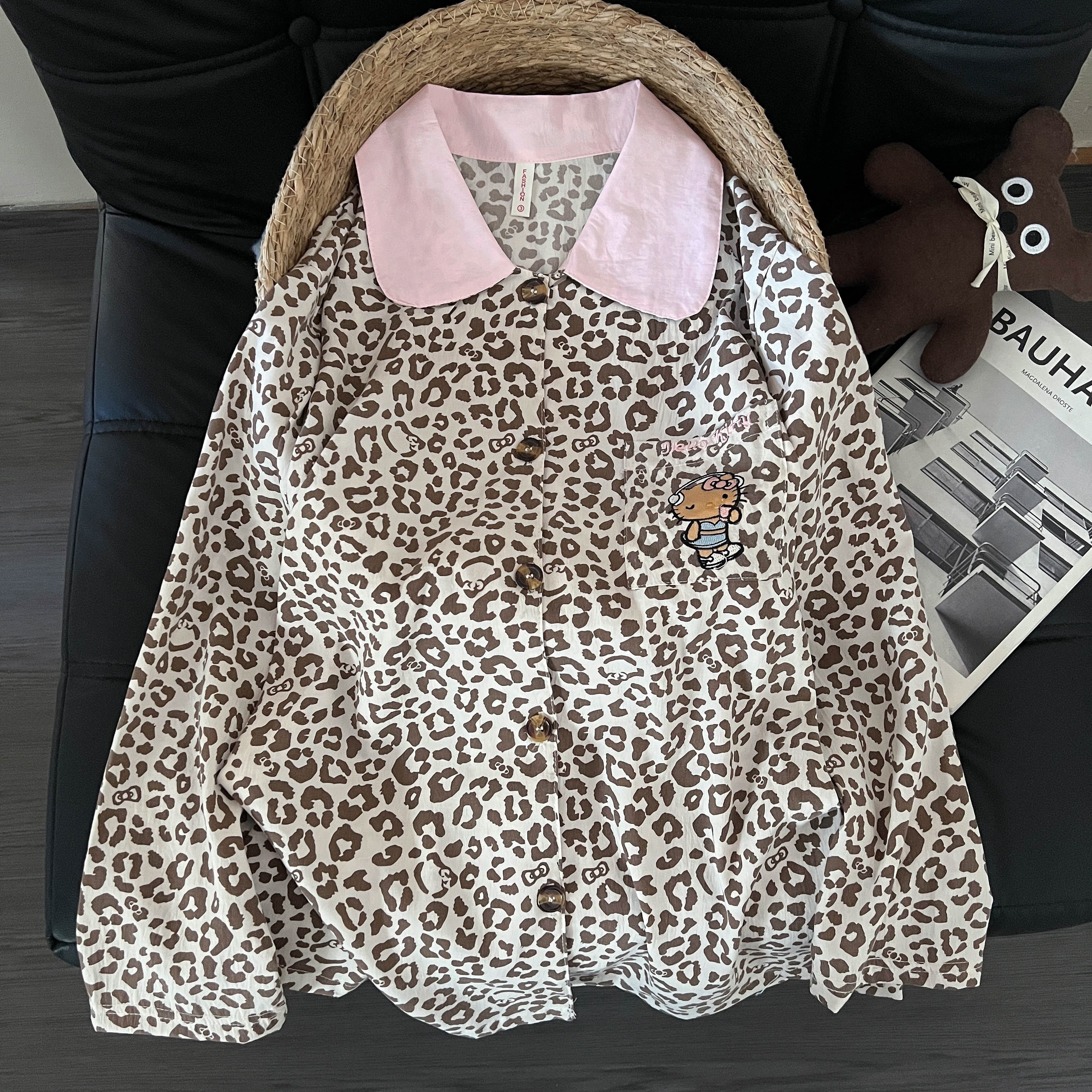 헬로키티 레오파드 클라우드 코튼 긴팔 잠옷 (브라운) 봄 가을 촉감좋은 파자마
