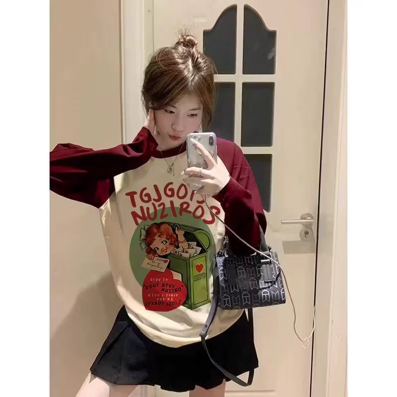 레트로 만화 프린트 래글런 긴팔 티셔츠 (3컬러) 빅사이즈 긴팔
