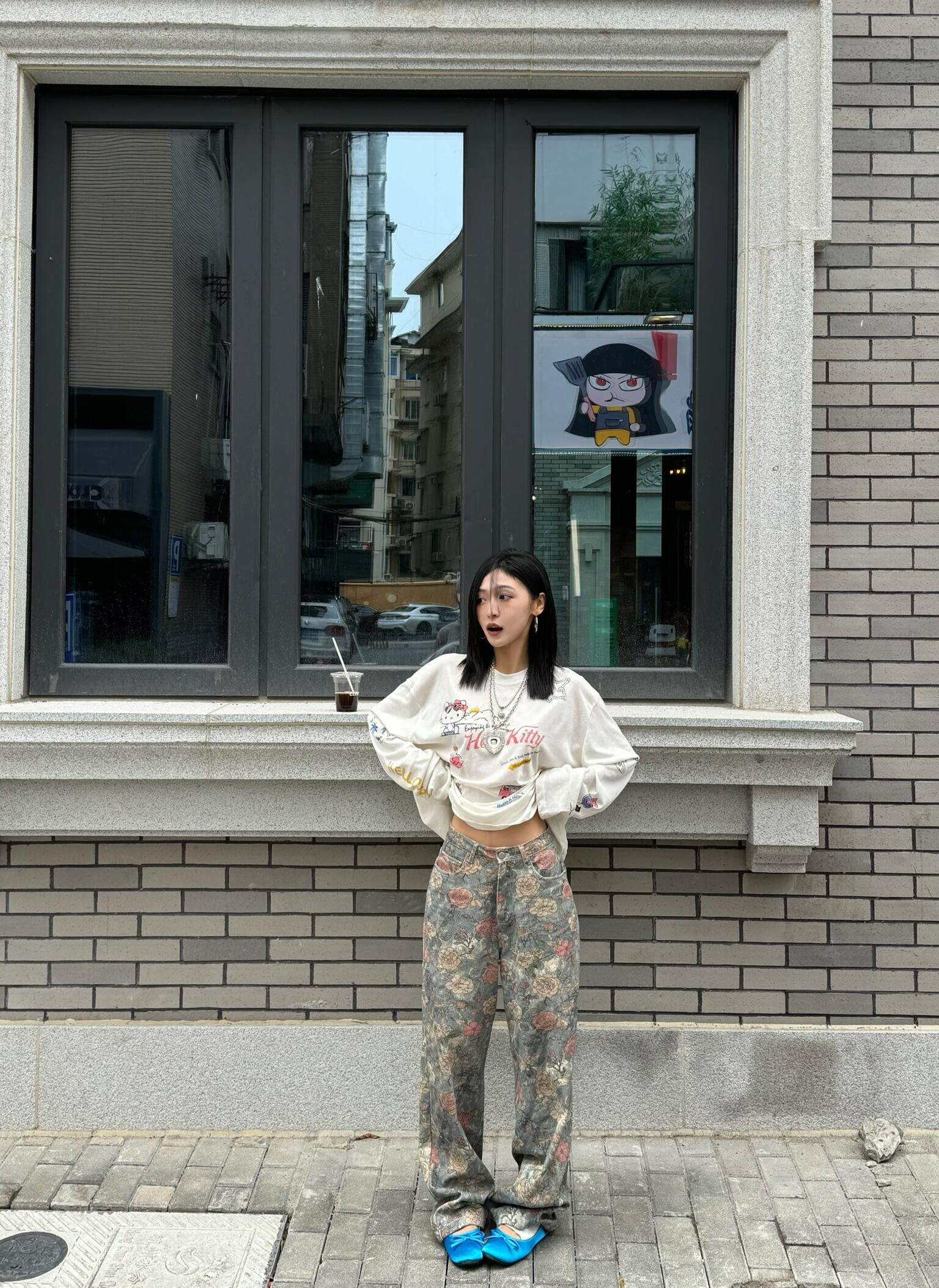 헬로키티 순면 슬라브 얇은 긴팔 (화이트) 캐릭터 빅사이즈 오버핏 긴팔 티셔츠