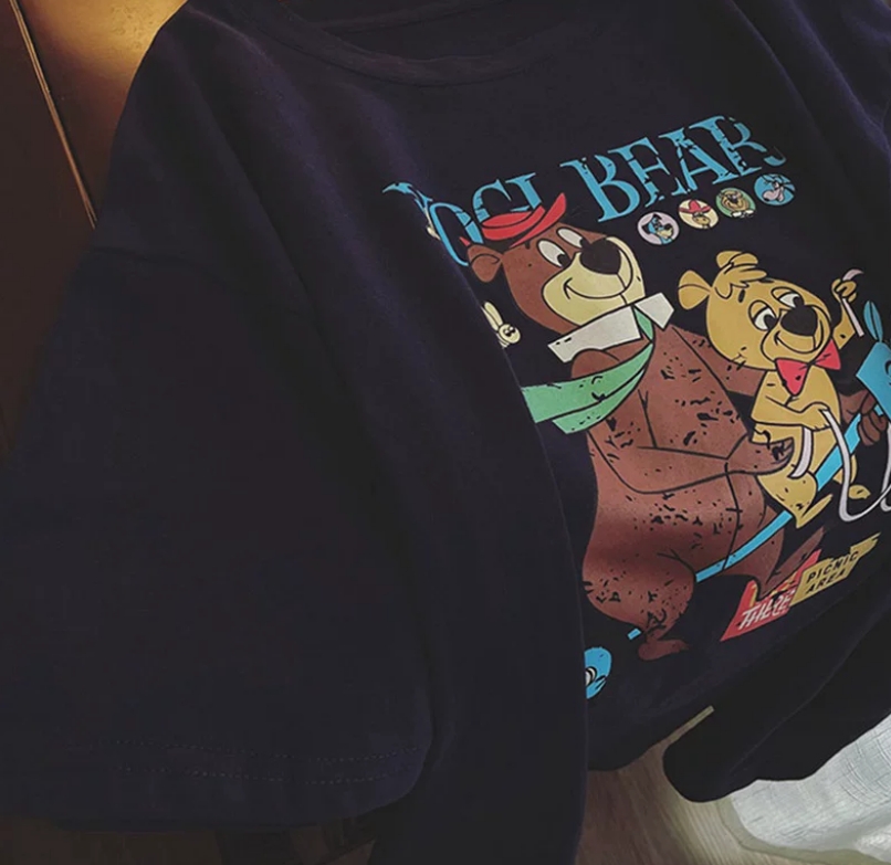 YOGI BEAR 요기 베어 곰돌이 순면 티셔츠 (네이베, 화이트) 레트로 반팔 티셔츠