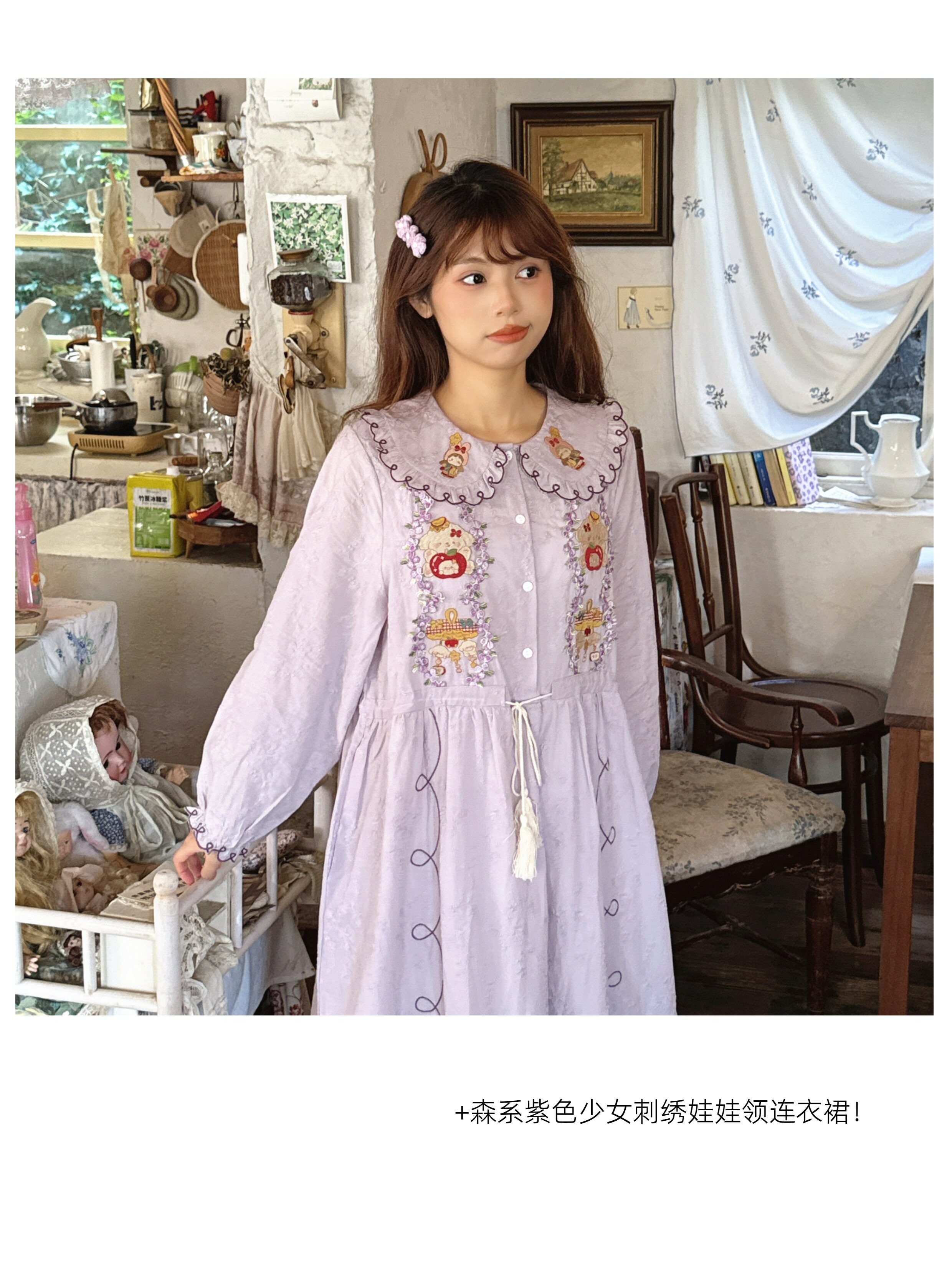 보헤미안 복고풍 모리걸 순면 원피스 (라일락) 빅사이즈 원피스 임부목 집시 히피룩