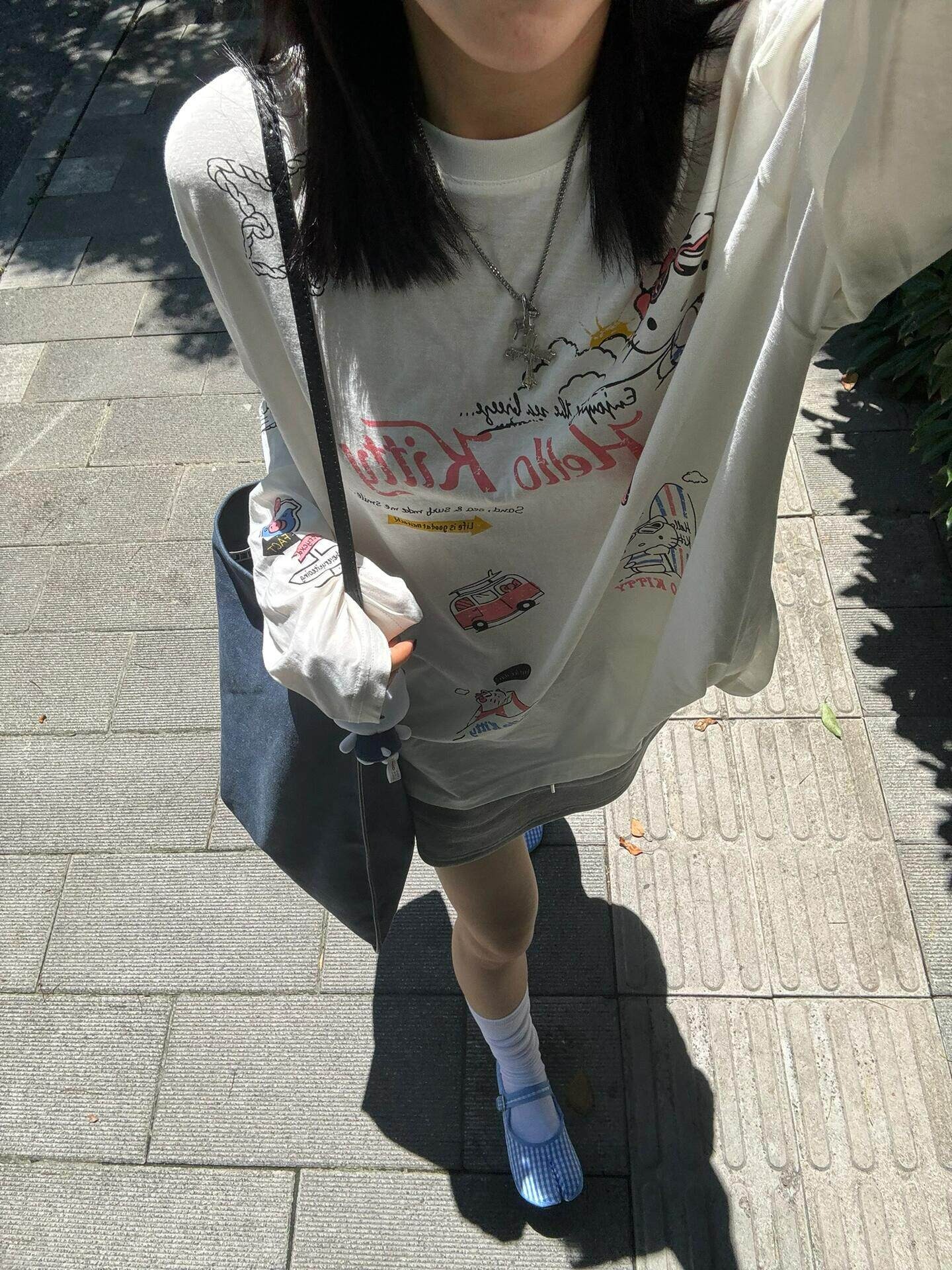 헬로키티 순면 슬라브 얇은 긴팔 (화이트) 캐릭터 빅사이즈 오버핏 긴팔 티셔츠