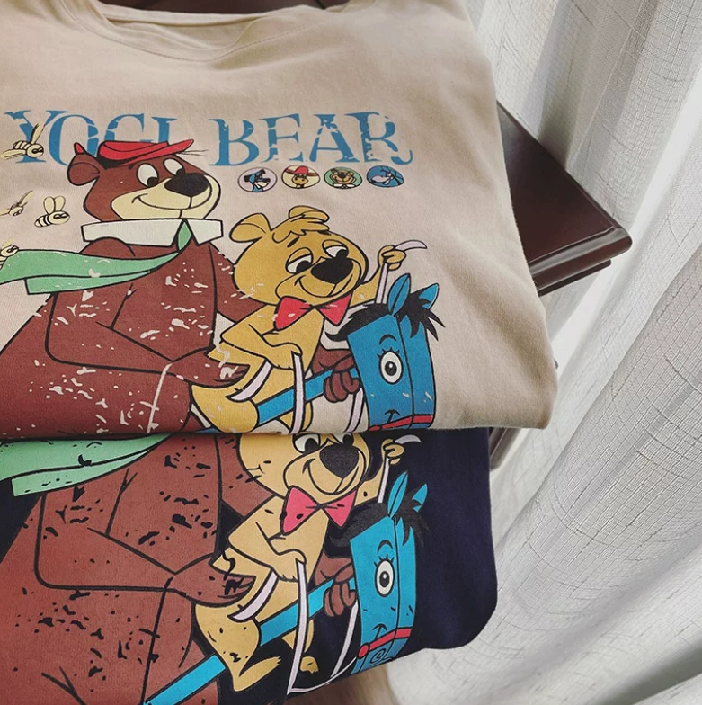YOGI BEAR 요기 베어 곰돌이 순면 티셔츠 (네이베, 화이트) 레트로 반팔 티셔츠
