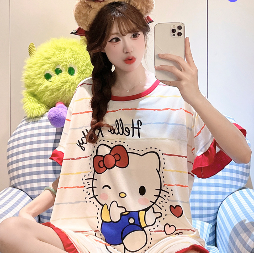 헬로키티 모달 브라탑 반팔 반바지 잠옷 (화이트) 캡내장 비스코스 빅사이즈 파자마