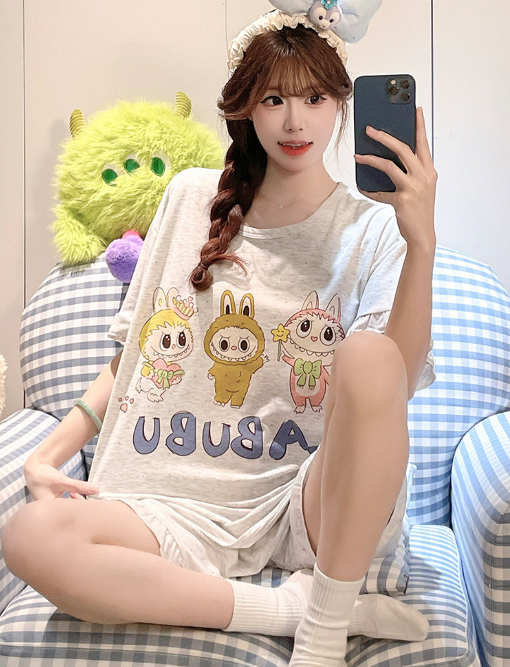 라부부 모달 브라탑 반팔 반바지 잠옷 (그레이) 캡내장 비스코스 빅사이즈 파자마