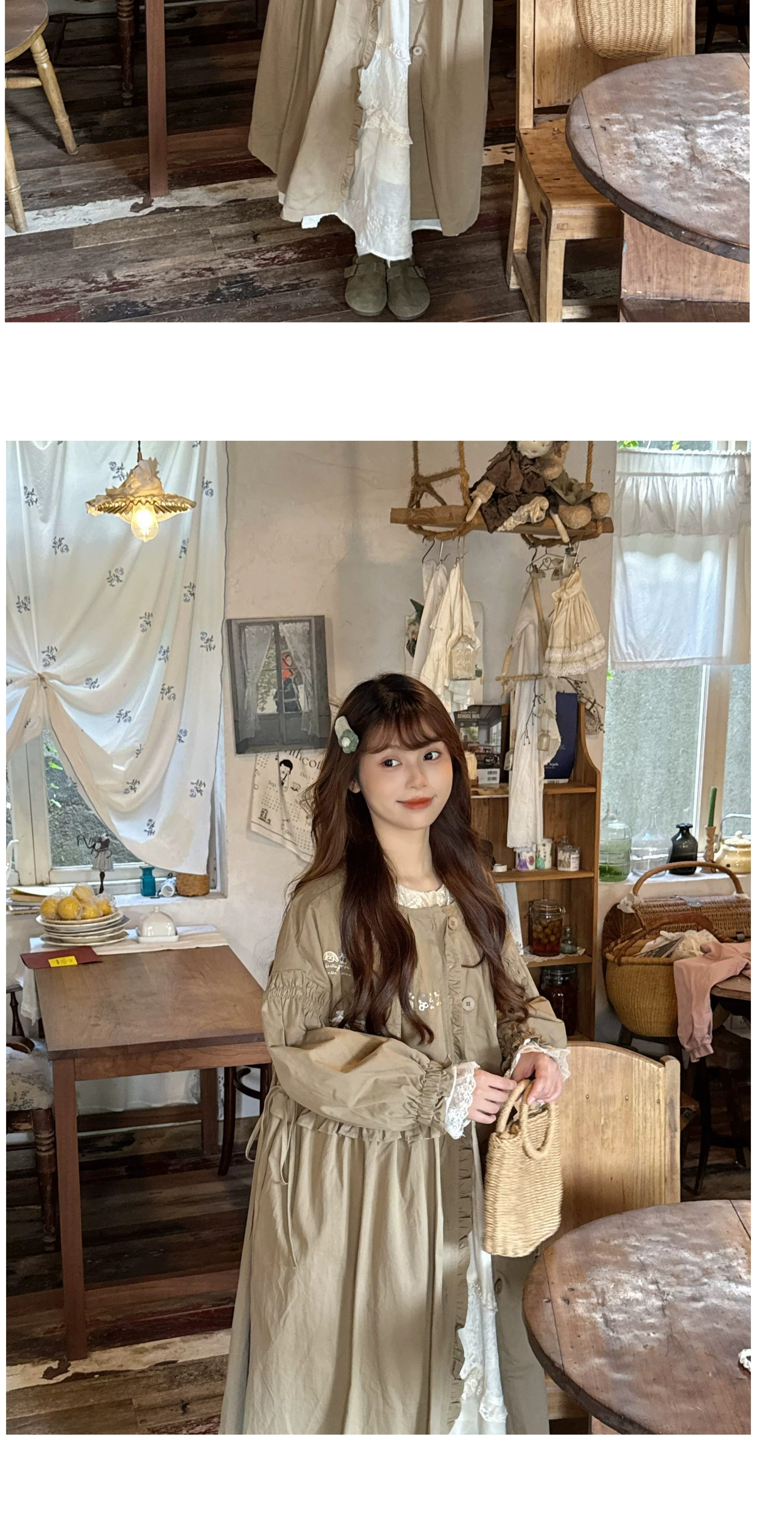 보헤미안 모리걸 곰자수 트렌치 코트 원피스 (브라운) 빅사이즈 원피스 임부목 집시 히피룩 복제