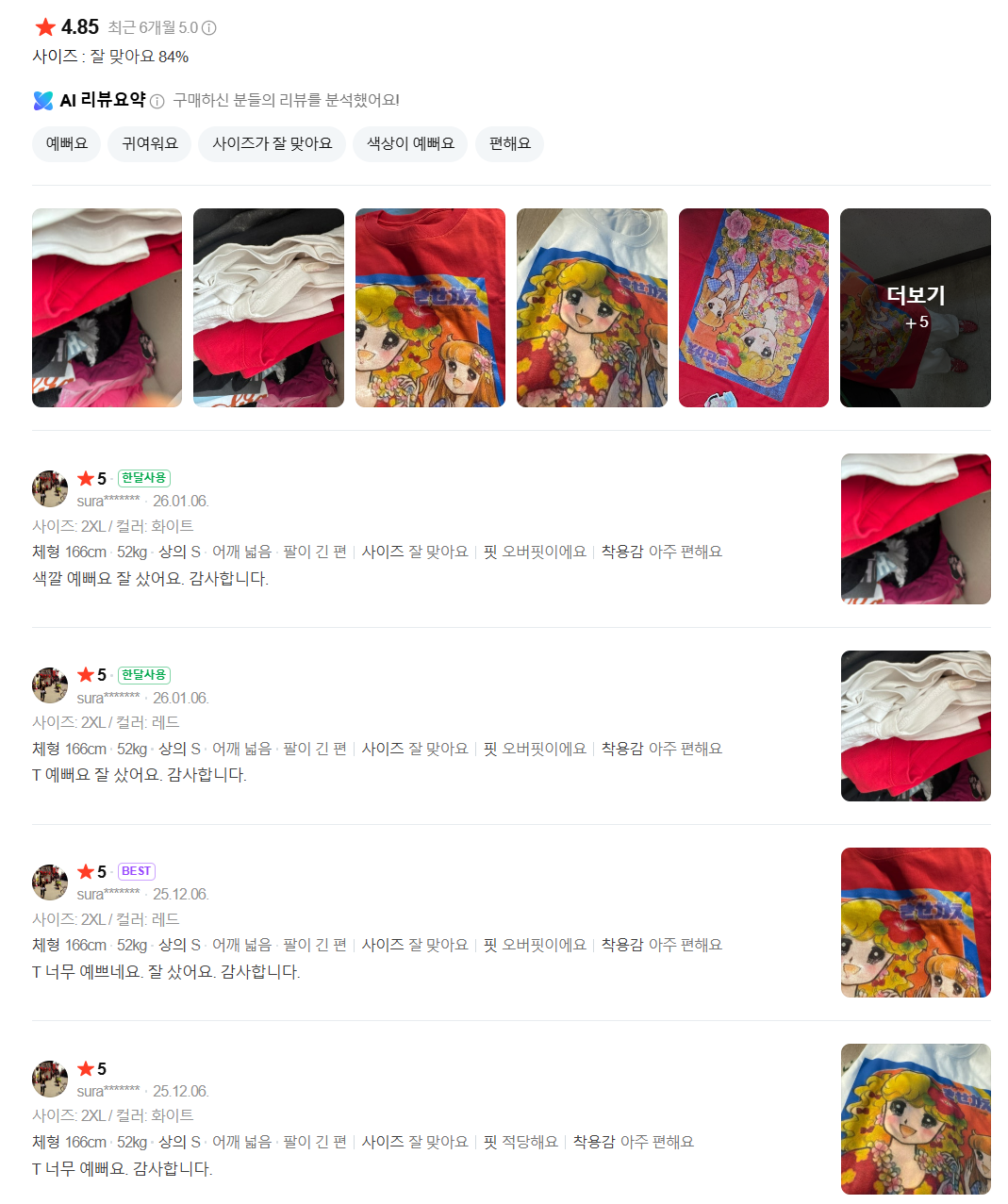 캔디 반팔 순면 티셔츠 (2컬러) 일본 캐릭터 레트로 반팔 티셔츠
