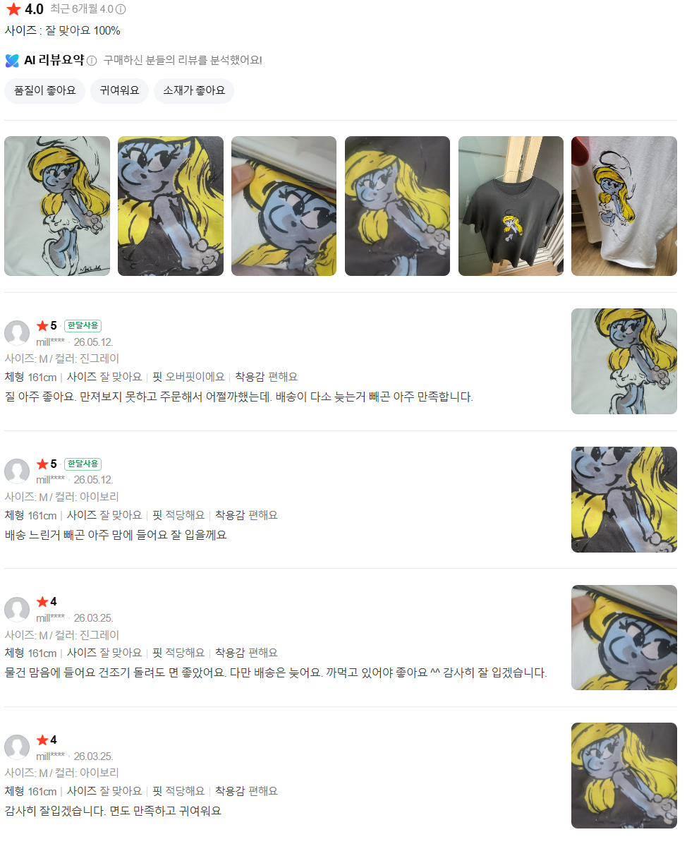 스머프 순면 티셔츠 (2컬러) 스머페드 캐릭터 반팔 티셔츠