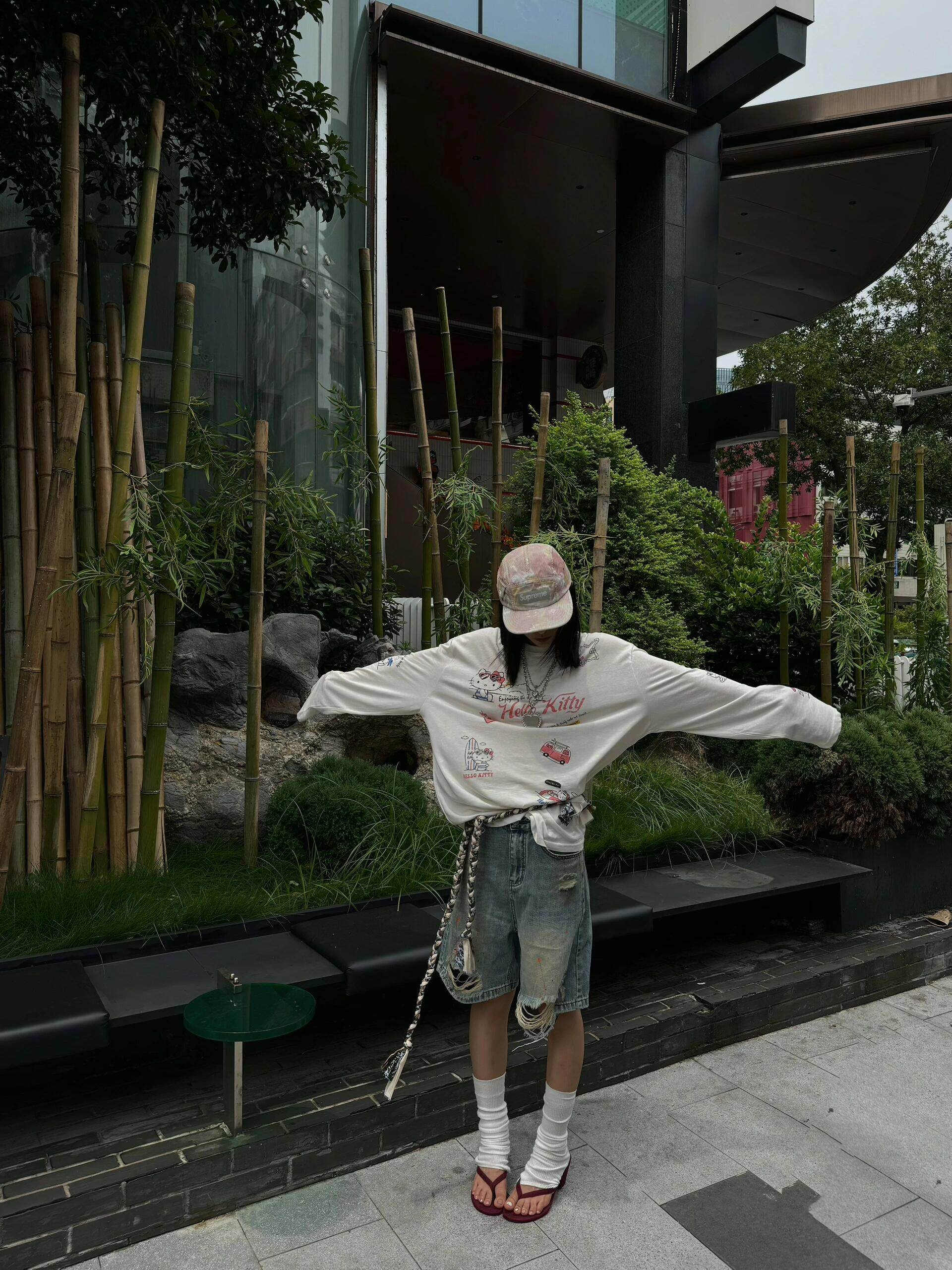 헬로키티 순면 슬라브 얇은 긴팔 (화이트) 캐릭터 빅사이즈 오버핏 긴팔 티셔츠