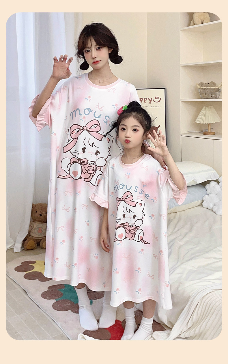 미코 고양이 모녀 순면 원피스 잠옷 (핑크) 여름 엄마 딸 빅사이즈 파자마