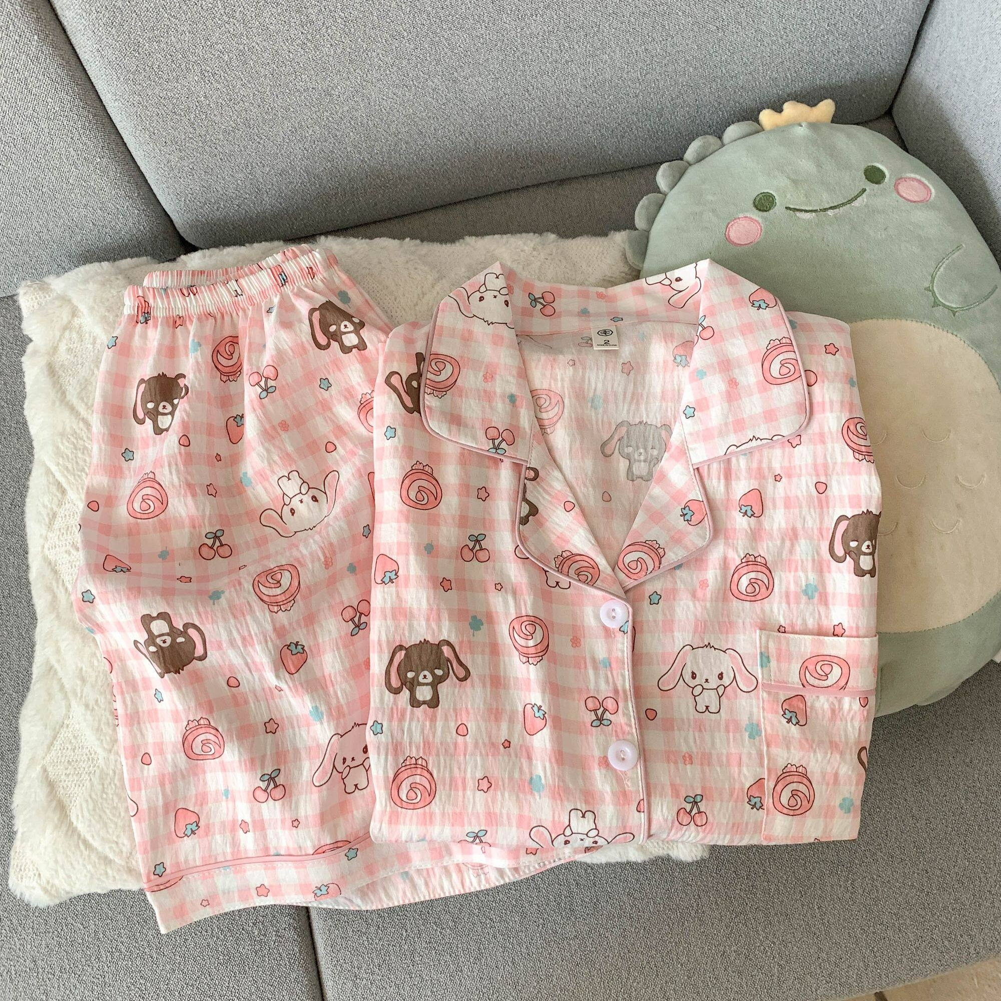 시나모롤 여름 반팔 반바지 잠옷 세트 (핑크체크) 캐릭터 파자마