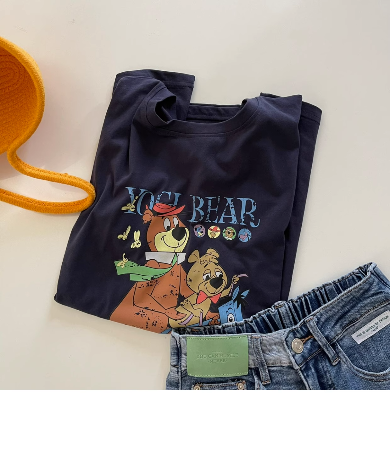 YOGI BEAR 요기 베어 곰돌이 순면 티셔츠 (네이베, 화이트) 레트로 반팔 티셔츠