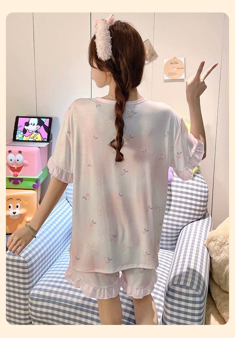 미코 고양이 모달 브라탑 반팔 반바지 잠옷 (핑크) 캡내장 비스코스 빅사이즈 파자마