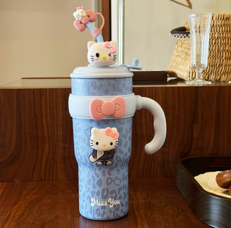 키티 호피 대용량 스텐 텀블러 (3종) 1100ml 손잡이 빨대 보온 보냉 물컵