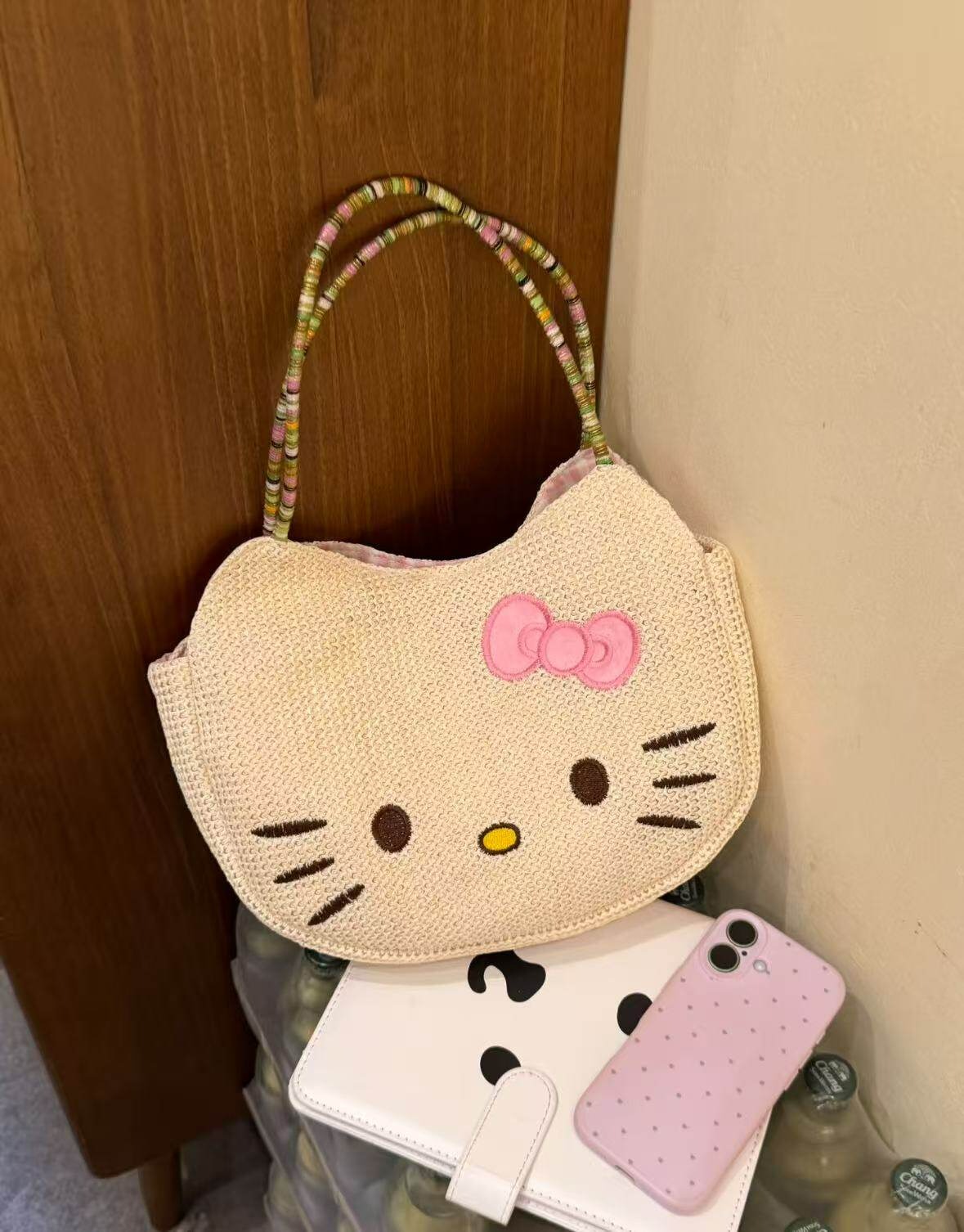 여름 키티 밀짚 자수 가방 (2컬러) 미니 토드백 숄더백