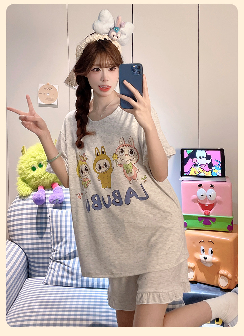 라부부 모달 브라탑 반팔 반바지 잠옷 (그레이) 캡내장 비스코스 빅사이즈 파자마