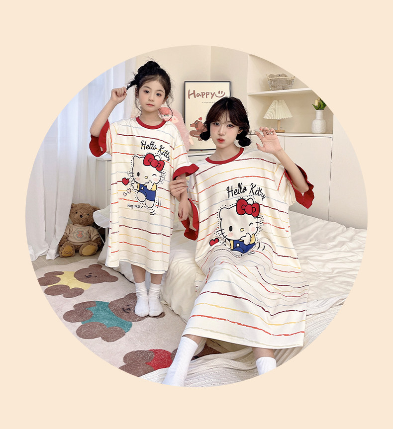 헬로키티 모녀 순면 원피스 잠옷 (아이보리) 여름 엄마 딸 빅사이즈 파자마