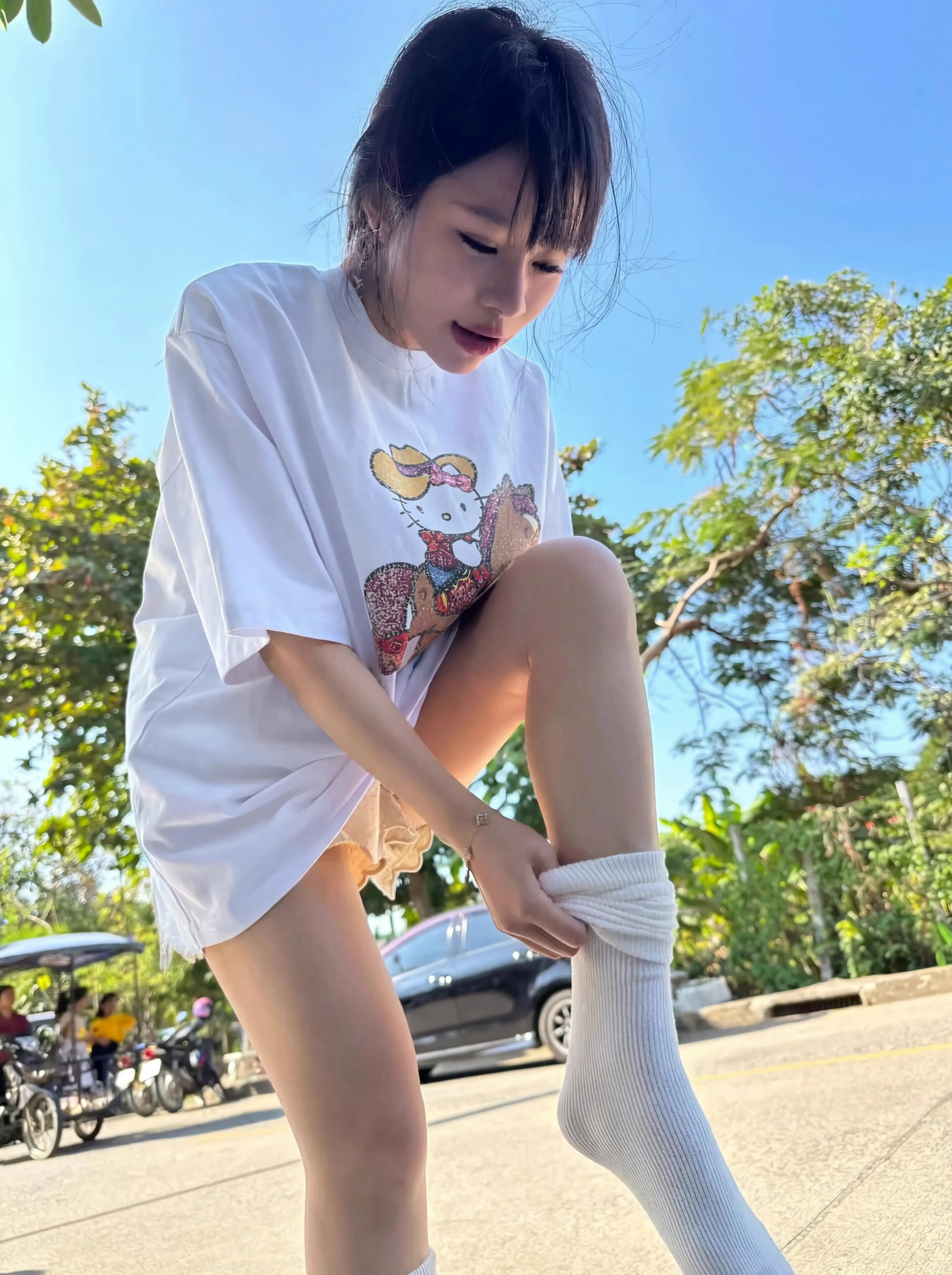 카우보이 키티 순면 반팔 (화이트) 캐릭터 빅사이즈 오버핏 여름 티셔츠