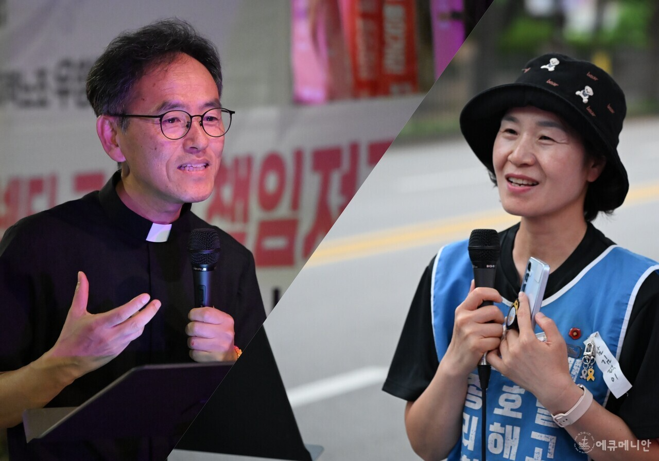 ▲ 류순권 한국교회 인권센터 소장(사진 왼쪽)와 김란희 서비스연맹 관광레저산업노동조합 세종호텔지부 총무는 이재명 정부가 출범하고 한국옵티칼하이테크 해고 노동자들의 복직 투쟁을 해결하겠다는 말의 무게에 대한 생각할 것을 촉구했다. ⓒ임석규/에큐메니안