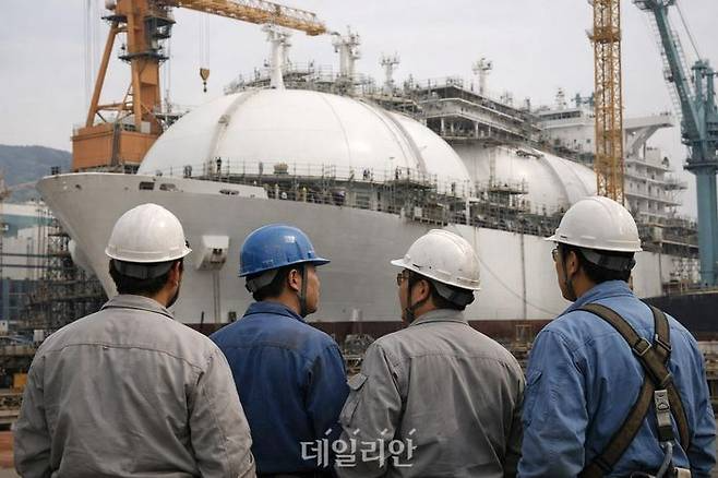 새해 국내 조선업은 고부가 선종 중심 수주와 미국과의 협력 확대를 병행하는 ‘투트랙’ 전략이 예상된다.ⓒ데일리안 AI 삽화 이미지