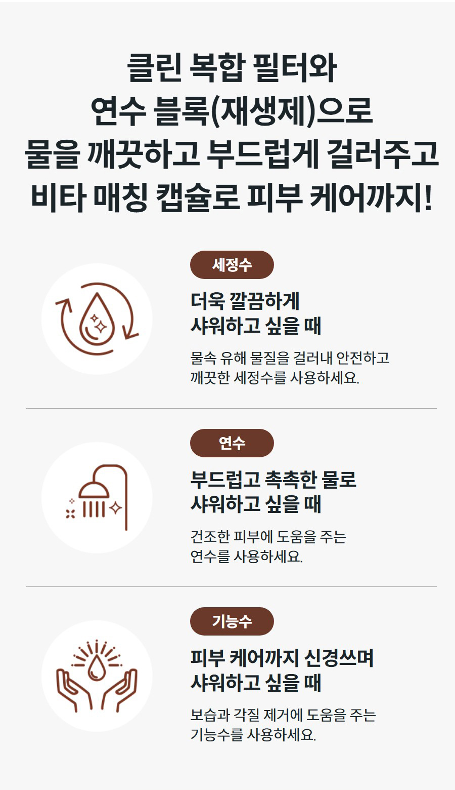 클린 복합 필터와 연수 블록(재생제)으로 물을 깨끗하고 부드럽게 걸러주고 비타 매칭 캡슐로 피부 케어까지! 세정수 더욱 깔끔하게 샤워하고 싶을 때 물속 유해 물질을 걸러내 안전하고 깨끗한 세정수를 사용하세요. 연수 부드럽고 촉촉한 물로 샤워하고 싶을 때 건조한 피부에 도움을 주는 연수를 사용하세요. 기능수 피부 케어까지 신경쓰며 샤워하고 싶을 때 보습과 각질 제거에 도움을 주는 기능수를 사용하세요.