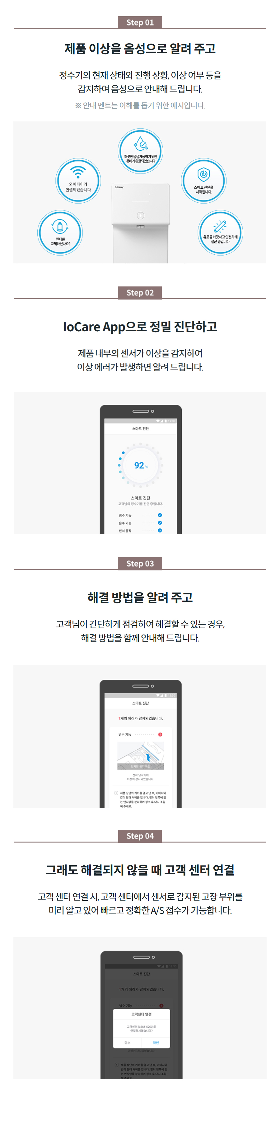 AI 스마트 진단으로 똑똑한 제품 관리 기기의 상태를 실시간으로 모니터링하여 해결 방법까지 알려 주는 스마트 진단  제품 이상을 음성으로 알려 주고 정수기의 현재 상태와 진행 상황, 이상 여부 등을 감지하여 음성으로 안내해 드립니다. ※ 안내 멘트는 이해를 돕기 위한 예시입니다.   IoCare App으로 정밀 진단하고 제품 내부의 센서가 이상을 감지하여 이상 에러가 발생하면 알려 드립니다.   해결 방법을 알려 주고 고객님이 간단하게 점검하여 해결할 수 있는 경우, 해결 방법을 함께 안내해 드립니다.   그래도 해결되지 않을 때 고객 센터 연결 고객 센터 연결 시, 고객 센터에서 센서로 감지된 고장 부위를 미리 알고 있어 빠르고 정확한 A/S 접수가 가능합니다.