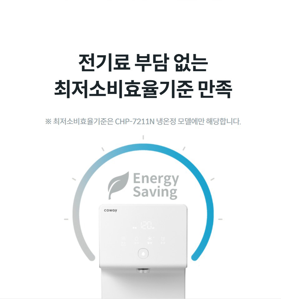 전기료 부담 없는 최저소비효율기준 만족 ※ 최저소비효율기준은 CHP-7211N 냉온정 모델에만 해당합니다.