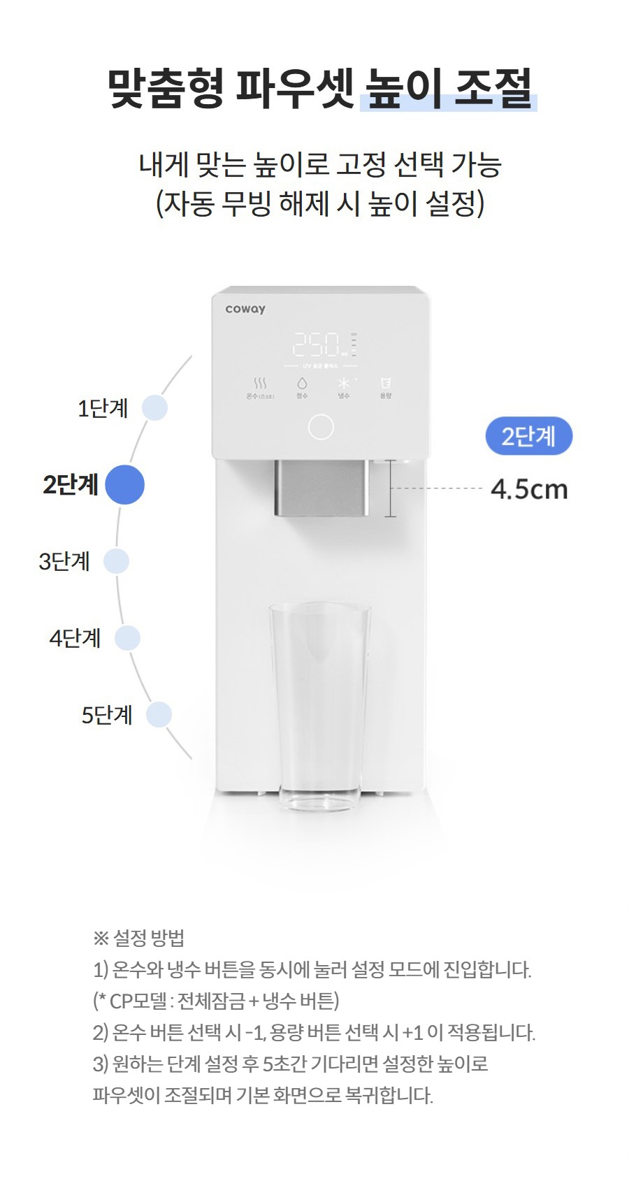 맞춤형 파우셋 높이 조절 내게 맞는 높이로 고정 선택 가능 (자동 무빙 해제 시 높이 설정)  1단계 2단계 3단계 4단계 5단계        더 보기 ※ 설정 방법 1) 온수와 냉수 버튼을 동시에 눌러 설정 모드에 진입합니다. (* CP모델 : 전체잠금 + 냉수 버튼) 2) 온수 버튼 선택 시 -1, 용량 버튼 선택 시 +1 이 적용됩니다. 3) 원하는 단계 설정 후 5초간 기다리면 설정한 높이로 파우셋이 조절되며 기본 화면으로 복귀합니다. 가로 16cm