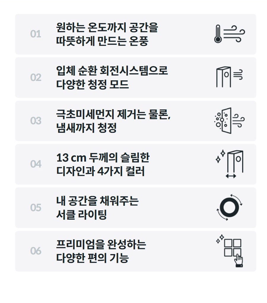 01  원하는 온도까지 공간을 따뜻하게 만드는 온풍    02  입체 순환 회전시스템으로 다양한 청정 모드    03  극초미세먼지 제거는 물론, 냄새까지 청정    04  13 cm 두께의 슬림한 디자인과 4가지 컬러    05  내 공간을 채워주는 서클 라이팅    06  프리미엄을 완성하는 다양한 편의 기능