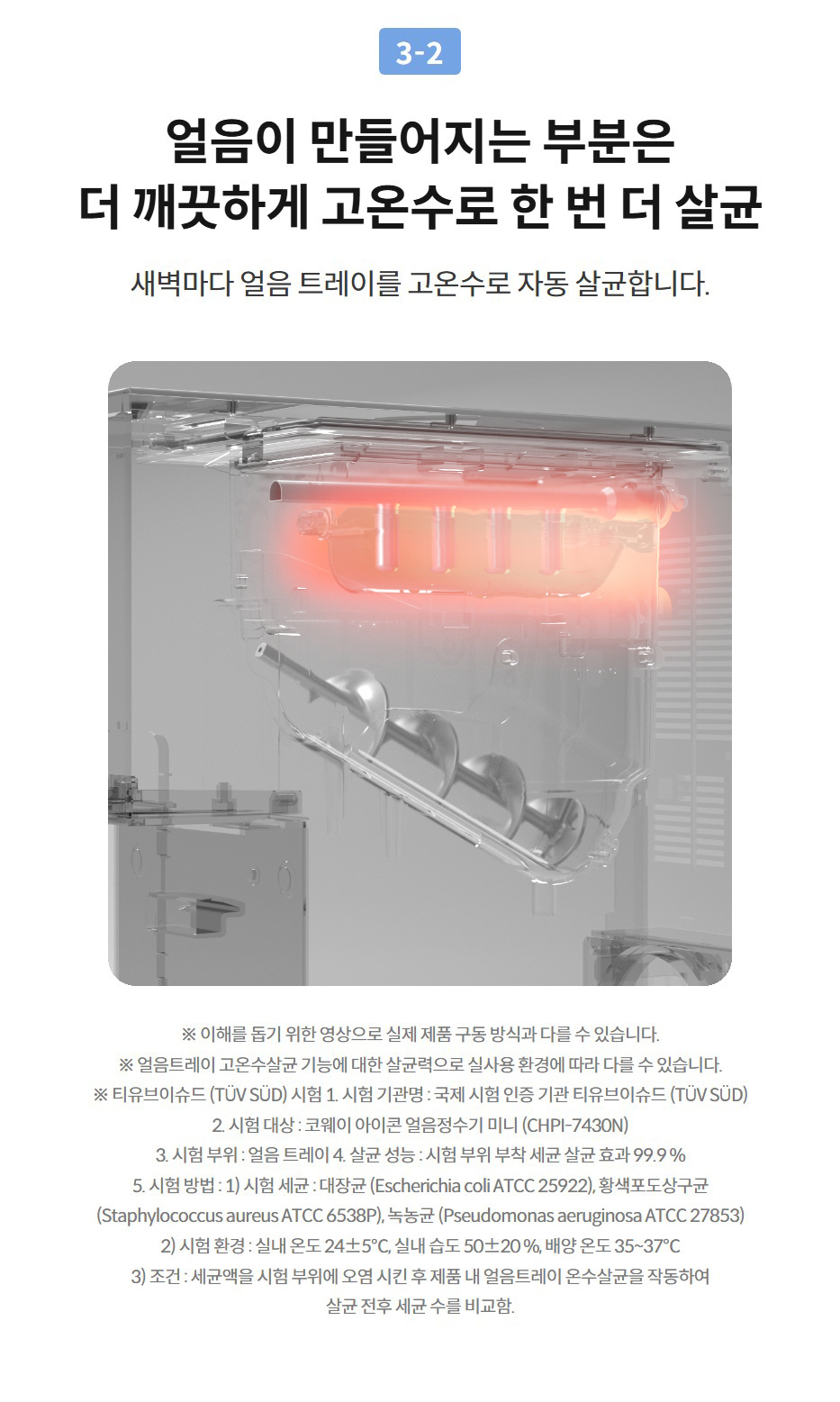 얼음이 만들어지는 부분은 더 깨끗하게 고온수로 한 번 더 살균 새벽마다 얼음 트레이를 고온수로 자동 살균합니다.   ※ 이해를 돕기 위한 영상으로 실제 제품 구동 방식과 다를 수 있습니다. ※ 얼음트레이 고온수살균 기능에 대한 살균력으로 실사용 환경에 따라 다를 수 있습니다. ※ 티유브이슈드 (TÜV SÜD) 시험 1. 시험 기관명 : 국제 시험 인증 기관 티유브이슈드 (TÜV SÜD) 2. 시험 대상 : 코웨이 아이콘 얼음정수기 미니 (CHPI-7430N) 3. 시험 부위 : 얼음 트레이 4. 살균 성능 : 시험 부위 부착 세균 살균 효과 99.9 % 5. 시험 방법 : 1) 시험 세균 : 대장균 (Escherichia coli ATCC 25922), 황색포도상구균 (Staphylococcus aureus ATCC 6538P), 녹농균 (Pseudomonas aeruginosa ATCC 27853) 2) 시험 환경 : 실내 온도 24±5℃, 실내 습도 50±20 %, 배양 온도 35~37℃ 3) 조건 : 세균액을 시험 부위에 오염 시킨 후 제품 내 얼음트레이 온수살균을 작동하여 살균 전후 세균 수를 비교함.