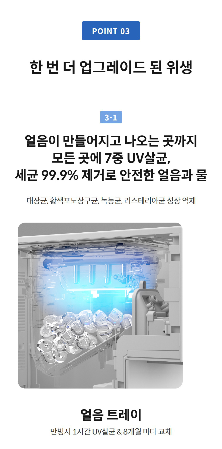 한 번 더 업그레이드 된 위생 3-1  얼음이 만들어지고 나오는 곳까지 모든 곳에 7중 UV살균, 세균 99.9% 제거로 안전한 얼음과 물 대장균, 황색포도상구균, 녹농균, 리스테리아균 성장 억제   얼음 트레이  만빙시 1시간 UV살균 & 8개월 마다 교체