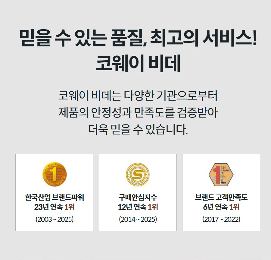 믿을 수 있는 품질, 최고의 서비스! 코웨이 비데 코웨이 비데는 다양한 기관으로부터 제품의 안정성과 만족도를 검증받아 더욱 믿을 수 있습니다.   한국산업 브랜드파워 23년 연속 1위 (2003 ~ 2025)  구매안심지수 12년 연속 1위 (2014 ~ 2025)  브랜드 고객만족도 6년 연속 1위 (2017 ~ 2022)