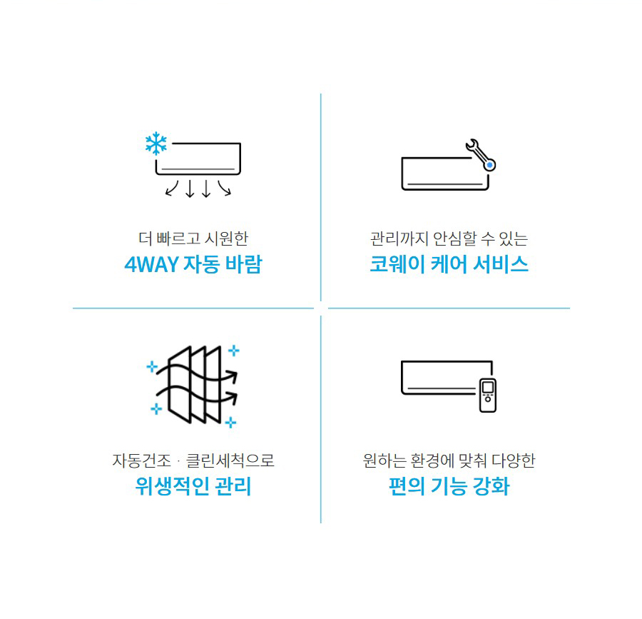 더 빠르고 시원한 4WAY 자동 바람  코웨이 케어 서비스 관리까지 안심할 수 있는 코웨이 케어 서비스  위생적인 관리 자동건조 · 클린세척으로 위생적인 관리  편의 기능 강화 원하는 환경에 맞춰 다양한 편의 기능 강화