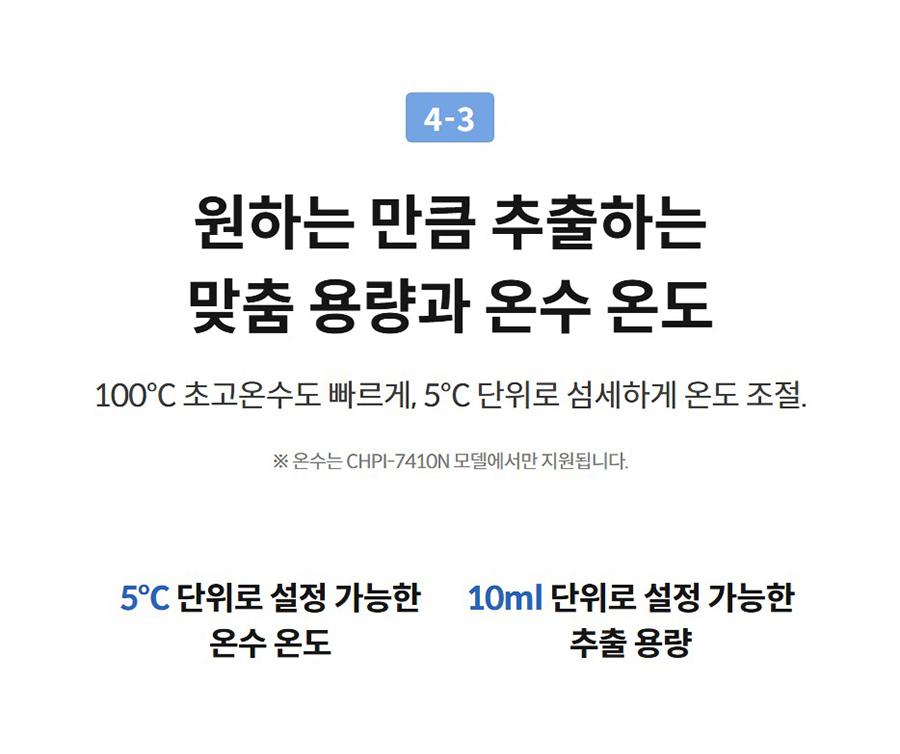 4-3  원하는 만큼 추출하는 맞춤 용량과 온수 온도 100°C 초고온수도 빠르게, 5°C 단위로 섬세하게 온도 조절.  ※ 온수는 CHPI-7410N 모델에서만 지원됩니다. 5℃ 단위로 설정 가능한 온수 온도  10ml 단위로 설정 가능한 추출 용량