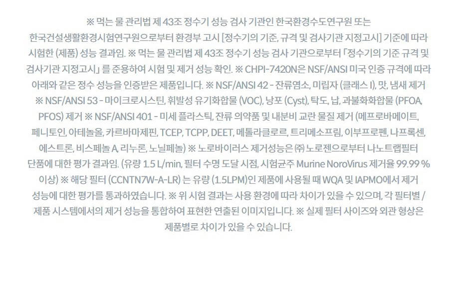 ※ 먹는 물 관리법 제 43조 정수기 성능 검사 기관인 한국환경수도연구원 또는 한국건설생활환경시험연구원으로부터 환경부 고시 [정수기의 기준, 규격 및 검사기관 지정고시] 기준에 따라 시험한 (제품) 성능 결과임. ※ 먹는 물 관리법 제 43조 정수기 성능 검사 기관으로부터 「정수기의 기준 규격 및 검사기관 지정고시」 를 준용하여 시험 및 제거 성능 확인. ※ CHPI-7420N은 NSF/ANSI 미국 인증 규격에 따라 아래와 같은 정수 성능을 인증받은 제품입니다. ※ NSF/ANSI 42 - 잔류염소, 미립자 (클래스 I), 맛, 냄새 제거 ※ NSF/ANSI 53 - 마이크로시스틴, 휘발성 유기화합물 (VOC), 낭포 (Cyst), 탁도, 납, 과불화화합물 (PFOA, PFOS) 제거 ※ NSF/ANSI 401 - 미세 플라스틱, 잔류 의약품 및 내분비 교란 물질 제거 (메프로바메이트, 페니토인, 아테놀올, 카르바마제핀, TCEP, TCPP, DEET, 메톨라클로르, 트리메소프림, 이부프로펜, 나프록센, 에스트론, 비스페놀 A, 리누론, 노닐페놀) ※ 노로바이러스 제거성능은 ㈜ 노로젠으로부터 나노트랩필터 단품에 대한 평가 결과임. (유량 1.5 L/min, 필터 수명 도달 시점, 시험균주 Murine NoroVirus 제거율 99.99 % 이상) ※ 해당 필터 (CCNTN7W-A-LR) 는 유량 (1.5LPM)인 제품에 사용될 때 WQA 및 IAPMO에서 제거 성능에 대한 평가를 통과하였습니다. ※ 위 시험 결과는 사용 환경에 따라 차이가 있을 수 있으며, 각 필터별 / 제품 시스템에서의 제거 성능을 통합하여 표현한 연출된 이미지입니다. ※ 실제 필터 사이즈와 외관 형상은 제품별로 차이가 있을 수 있습니다.