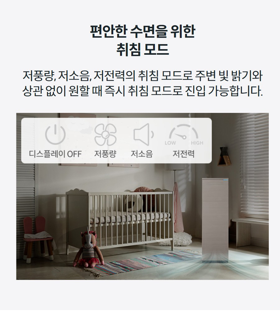 편안한 수면을 위한 취침 모드 저풍량, 저소음, 저전력의 취침 모드로 주변 빛 밝기와 상관 없이 원할 때 즉시 취침 모드로 진입 가능합니다.